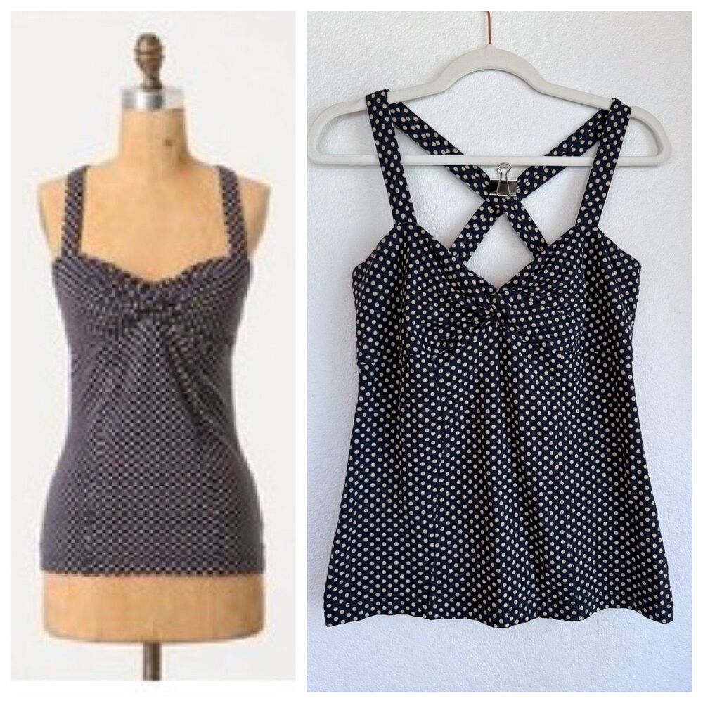 Anthropologie Postmark Retro Cross Back Tank Top in Navy w Tan Polka Dots Size M